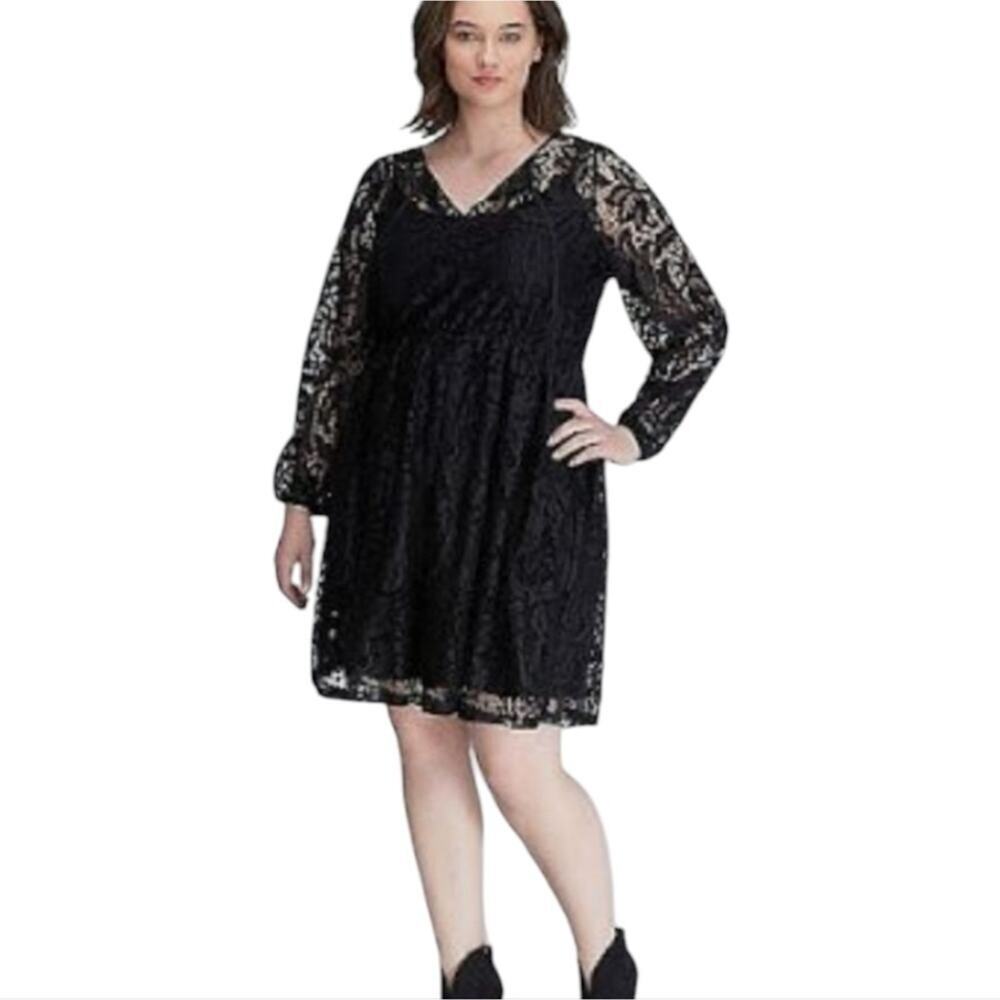 Lane Bryant Black Lace Long Sleeve V Neck Sheath Dress Plus Size 14 16 1X NEW